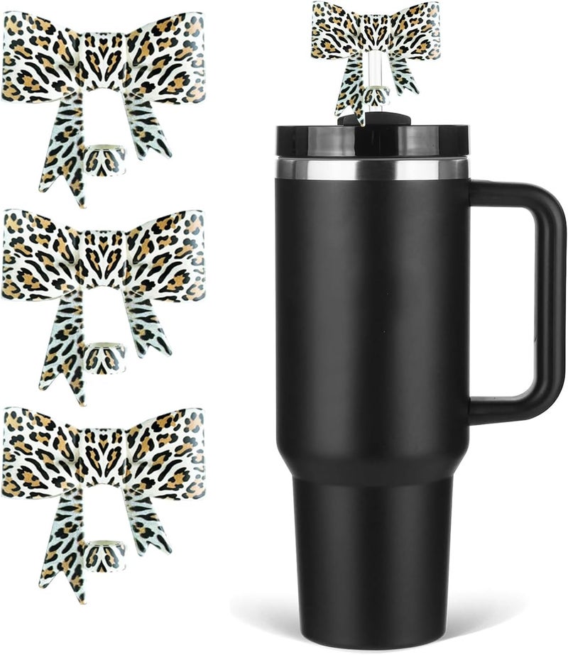 HIUSITY UV Leopard Print Bow Straw Cover Topper for Stanley Cup,Silicone Straw Toppers for Tumbler with Handle 40oz,Cute 10mm/0.4in Covers Cap,Reusable Straws Lid for Stanley Cups Accessories - Image 1